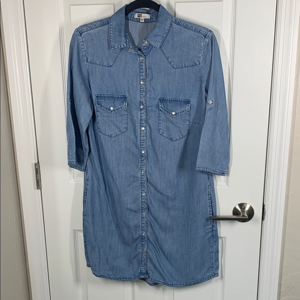 Kut from the Kloth denim look western pearl snap shirt dress with pockets small